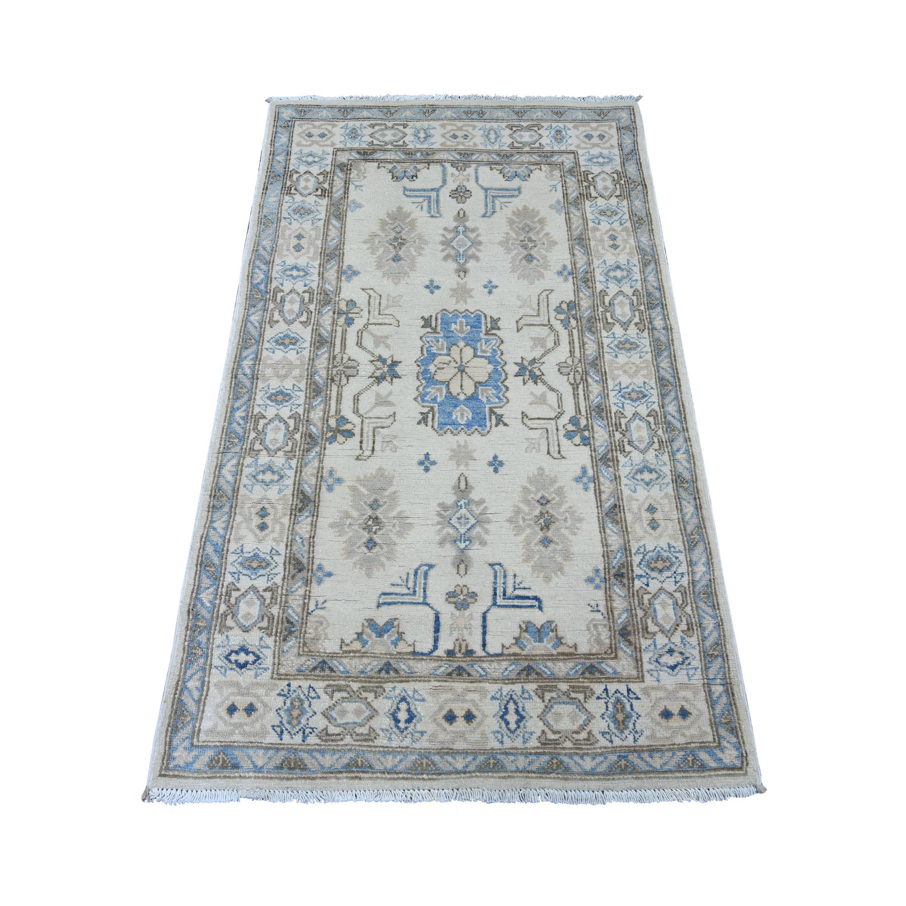 2'10"x4'8" Pearl White, Vintage Look Kazak with Tribal Design, Hand Knotted, 100% Wool, Natural Dyes, Oriental Rug 